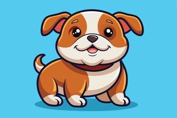 This playful cartoon dog has a friendly expression and distinctive brown and white markings. Its tail wags joyfully in a bright blue setting, conveying a sense of happiness.