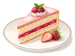 Delicious strawberry cake slice with cream and fresh berries on plate