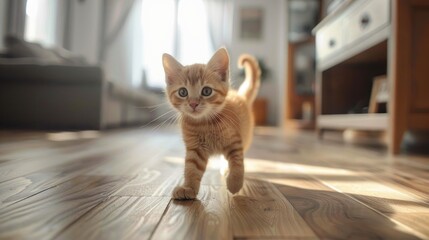 adorable small orange tabby kitten walking on sunlit wooden floor in cozy home environment with soft natural light