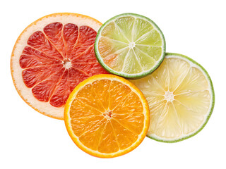 Citrus fruit slices close up on black background displaying grapefruit orange lemon and lime