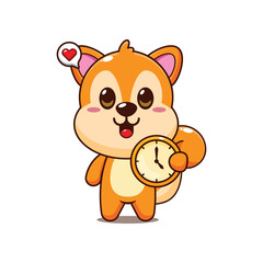 Cute squirrel cartoon vector illustration with clock