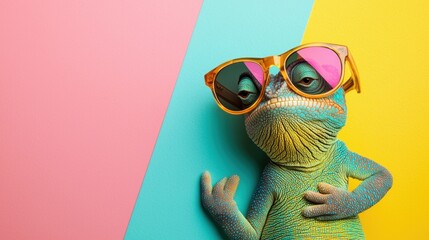 Fototapeta premium Happy birthday or summer celebration card with a playful chameleon, rocking sunglasses and a goofy expression on a vibrant pastel background.