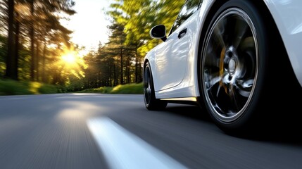 A white sports car speeds along a scenic country road at sunset. Lush green trees line the roadway.  The car's wheels and sleek design are highlighted by the sunlight
