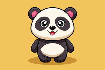 Naklejka premium A cheerful cartoon panda with big eyes and a friendly expression stands against a vibrant yellow background, making it ideal for kids' illustrations or playful designs.