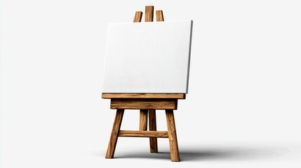 A white canvas on a wooden easel, ready for artistic expression in a studio setting.