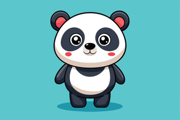 Naklejka premium A charming cartoon panda character stands with a joyful expression, featuring black and white fur patterns on a soft blue background, appealing to all ages.