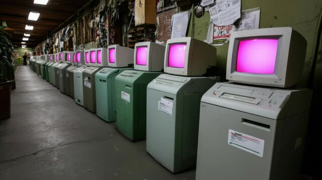 Vintage Computing: A long row of obsolete computer monitors line up in an old factory, the illuminated screens reflecting a sense of history and technology.