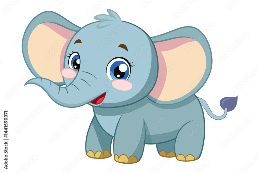 Poster a charming cartoon elephant features large ears and a joyful expression, standing in a playful pose 