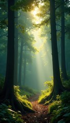 Sunbeams pierce dense forest canopy, illuminating dust motes , ethereal, texture, mood