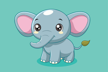 Fototapeta premium A playful cartoon elephant with large ears and a cheerful expression stands on a teal background, perfect for children's books or educational content.