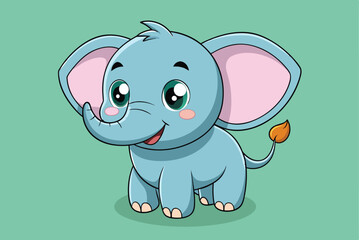 Fototapeta premium This cheerful blue cartoon elephant, with large ears and a playful expression, appears joyful against a serene green backdrop, perfect for children's illustrations.