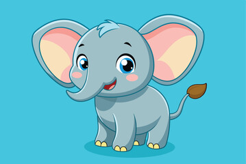 Obraz premium A cheerful cartoon elephant stands with a friendly smile, showcasing large ears and a playful stance against a vibrant blue background, perfect for kids' illustrations.