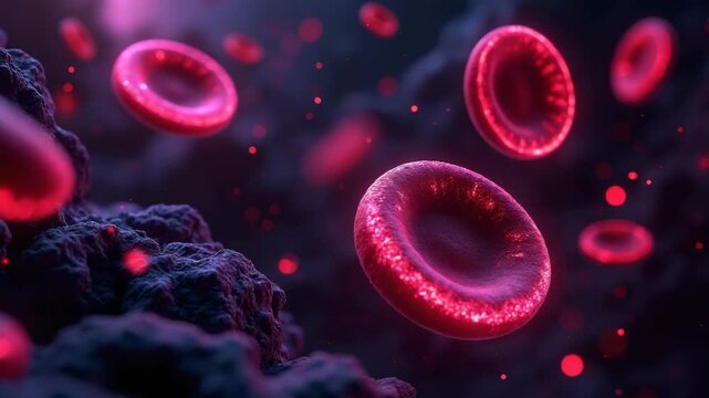 Bright red blood cells are shown floating in a dark, microscopic environment, highlighting their texture and vibrant color. Vibrant Neon Glow Blood Molecular Concepts 