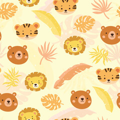 Fototapeta premium kids seamless pattern, cute forest animal lion tiger bear tropical leaves seamless pattern, paper, textile, fabric, packaging - vector illustration, baby, child
