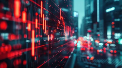 Blurry cityscape with neon lights and glowing digital red stock market chart overlaid giving a sense of fast-paced urban financial activity at night