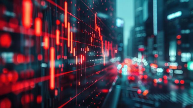 Blurry cityscape with neon lights and glowing digital red stock market chart overlaid giving a sense of fast-paced urban financial activity at night