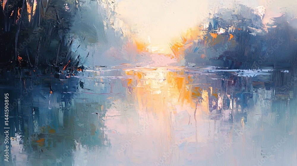 Poster captivating abstract painting of a sunset with beautiful light reflections creating a calming mood a