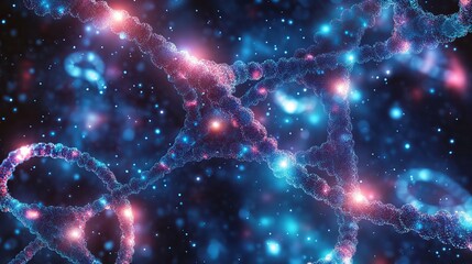 Obraz premium Abstract dna strand visualization blue pink glowing particles science background red cell dark helix