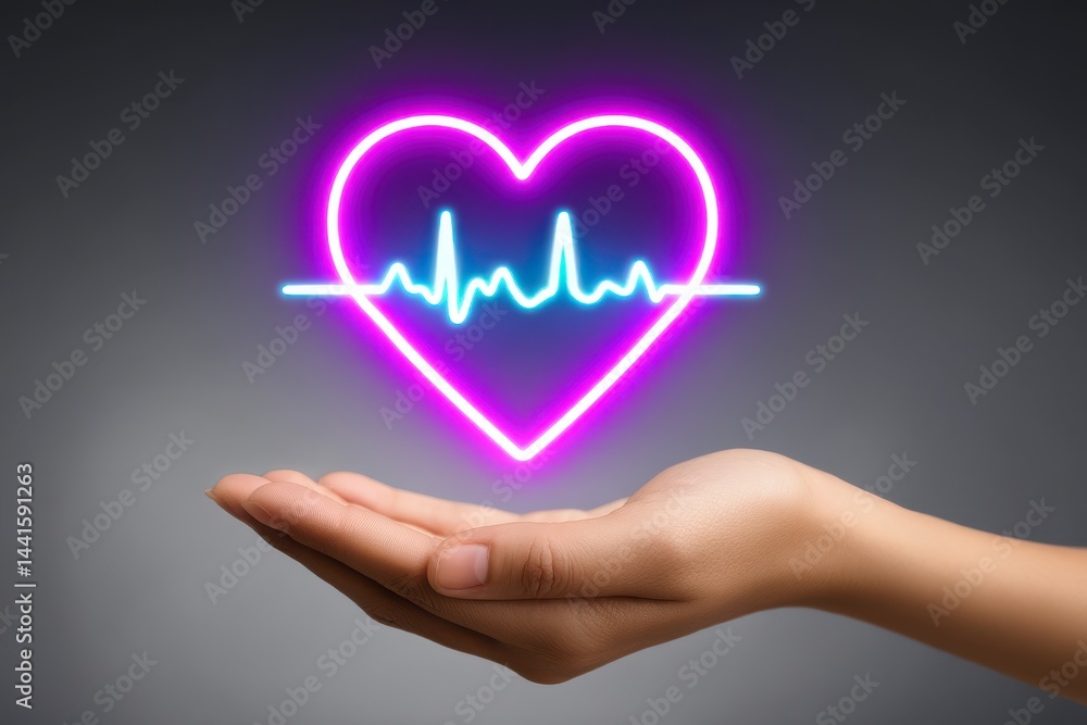 Poster a hand with an open palm holds a glowing neon heart symbol representing the connection between techn