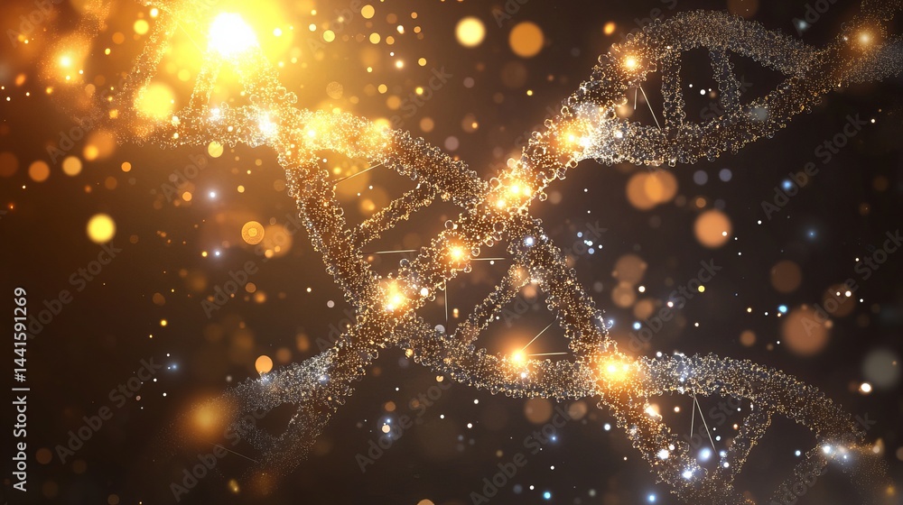 Poster abstract golden dna strand sparkling particle background dark cell code light shiny black helix