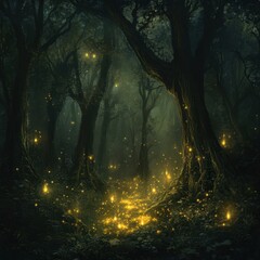 Enchanted Forest with Glowing Lights and Mystical Atmosphere