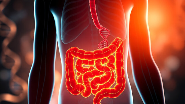 Human silhouette with visible colon and DNA strands, highlighting genetic predisposition to colorectal cancer, health, awareness