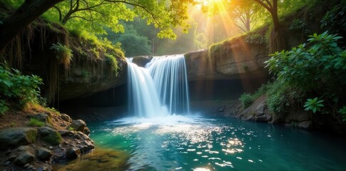 Sun-drenched waterfall cascades into lush bushland pool , sunlight, refreshing