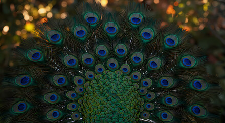 Obraz premium Close-up of a Peacock's Tail Showing Vibrant Colors and Detailed Feathers