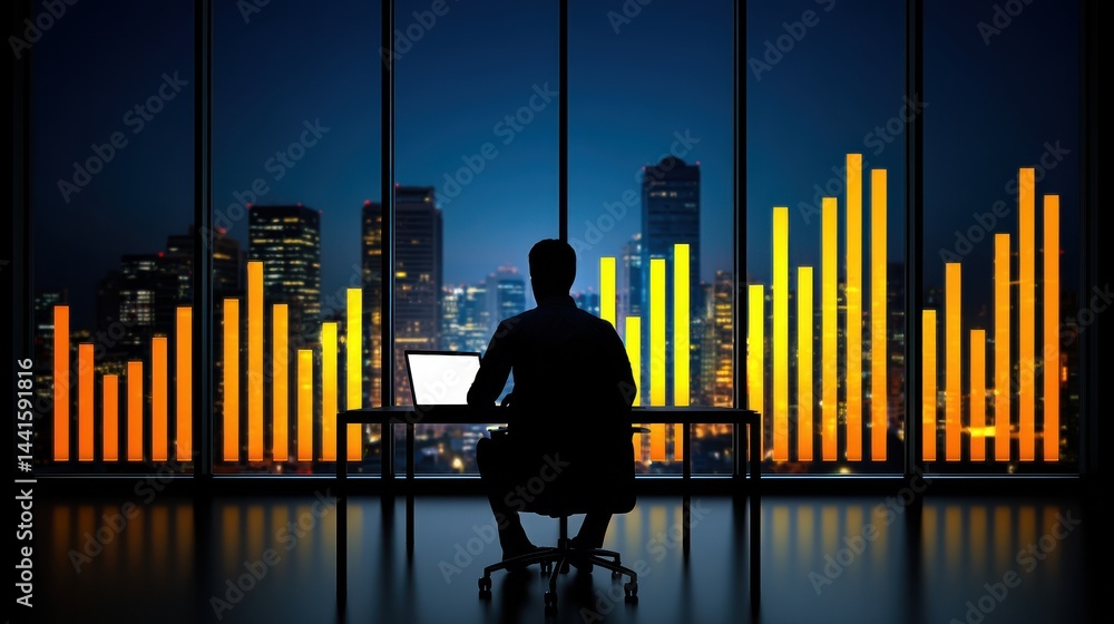 Poster a silhouetted businessman sitting at a desk working on a laptop computer while analyzing financial d