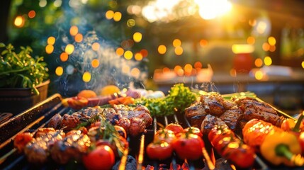 Close-up of various meats and vegetables grilling on an outdoor barbecue with warm sunlight and bokeh lights creating a festive and cozy atmosphere