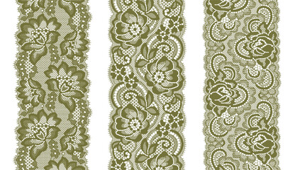 Set of three narrow grass green lace trims with large floral pattern, oppositely arranged.