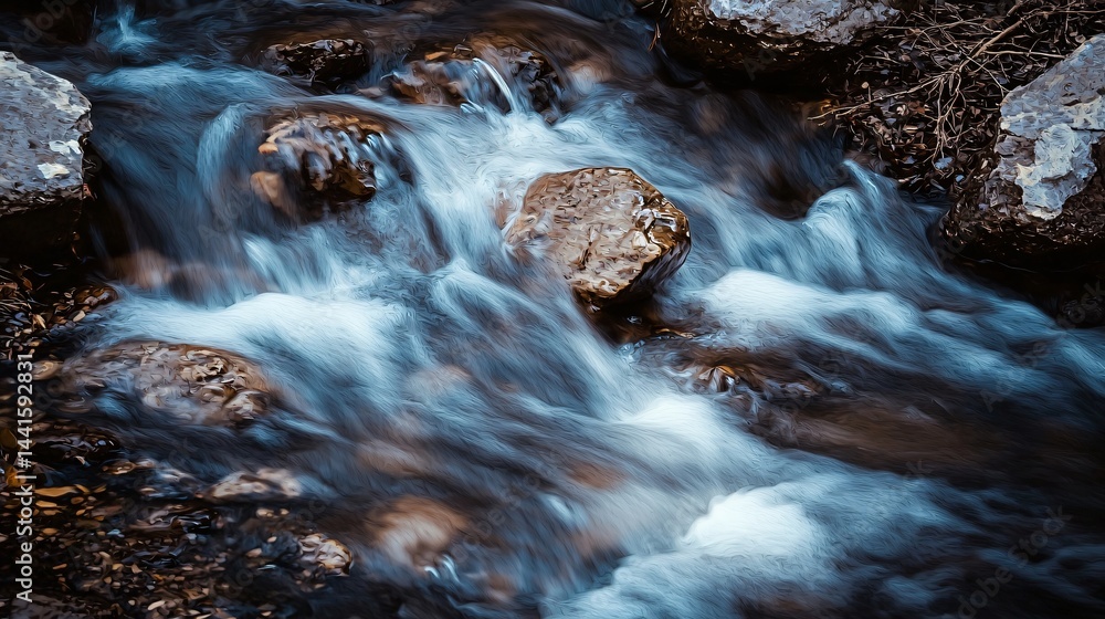 Poster serene mountain stream with water flowing gently through rocks creating a calming mood and soft atmo