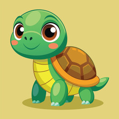Fototapeta premium A cheerful cartoon turtle with bright green skin and a patterned shell stands happily, radiating a sense of innocence and charm perfect for children's illustrations.