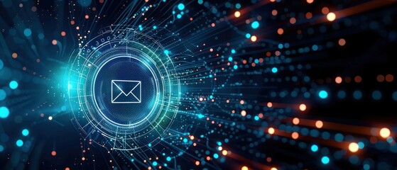 Futuristic digital communication concept with glowing envelope icon surrounded by neon blue and orange data streams and circular interface elements in a dark space