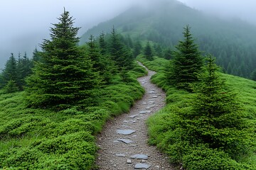 Fototapeta premium Misty mountain path winding through lush greenery.