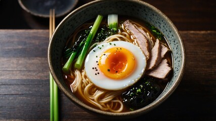 Delectable Ramen Bowl: A Culinary Portrait with Egg, Noodles, and Ingredients