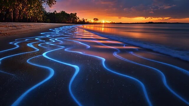 Enchanted Sunset Beach: Bio-luminescent Waves