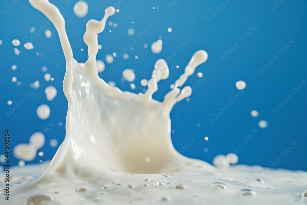 Poster a dynamic splash of white liquid against a vibrant blue backdrop creating a captivating visual effec