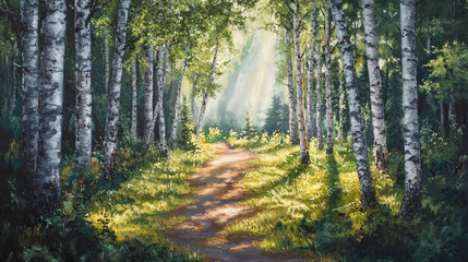 Fototapeta premium Sunlit birch forest path (4)