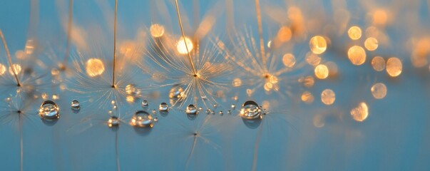 Delicate dandelion seeds with water droplets and soft light.