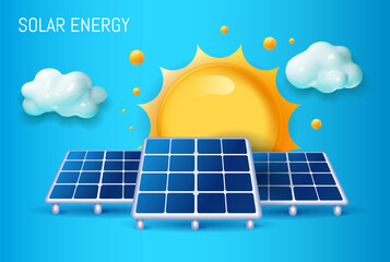 Clean electric energy concept Renewable electricity source solar panels solar 3d style icons with clouds, solar panel in different angle, sun icon. Vector concept web-banner, illustration. Vector