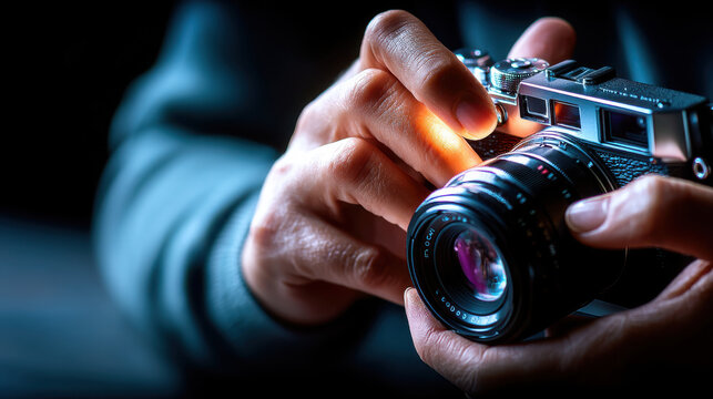 Capturing moment, closeup of hands adjusting camera lens, showcasing intricate details and craftsmanship of photography