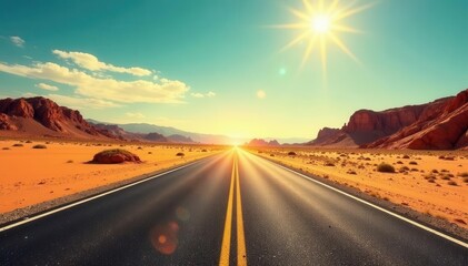 Vanishing point on scorching desert highway, intense sunlight , scorching, photo