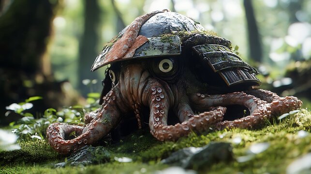 Fantasy creature, samurai helmet, mossy forest, resting, digital art, artistic, whimsical, stock photo, nature, fantasy