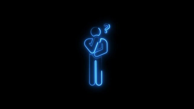 Neon thinking man with question mark on black background animated icon