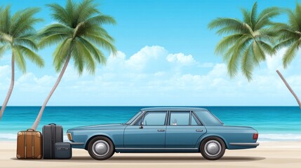 Classic car parked on beach ready for summer vacation. Palm trees, blue ocean, and suitcases line the shore