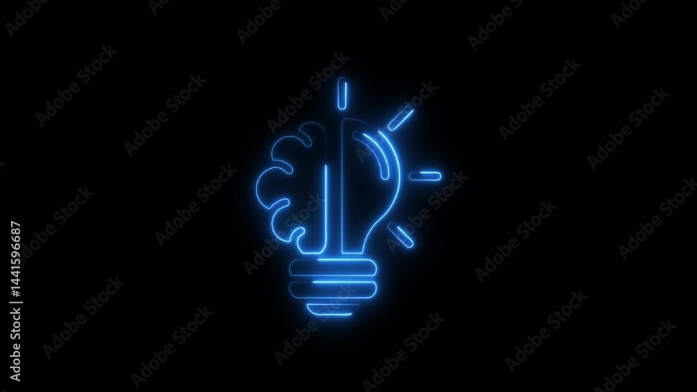 Poster neon brain and lightbulb combination symbolizing innovation and creativity on dark background