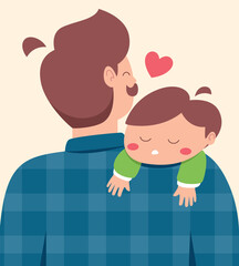 A tender moment captured in this illustration. A young child sleeps soundly on their father's shoulder, an intimate embrace in this cute family scene, painted with love and warmth.