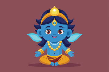 Naklejka premium The colorful illustration features a playful blue-skinned deity with large expressive eyes, seated calmly while wearing traditional jewelry and a bright outfit.