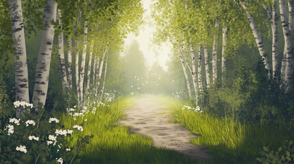 Obraz premium Sunlit Birch Forest Path